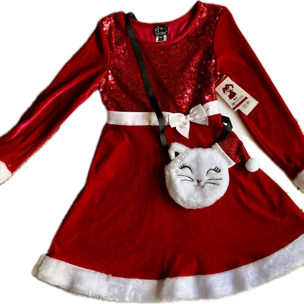Girls' Red Sequin Holiday Dress with Cat Purse NEW WITH TAGS